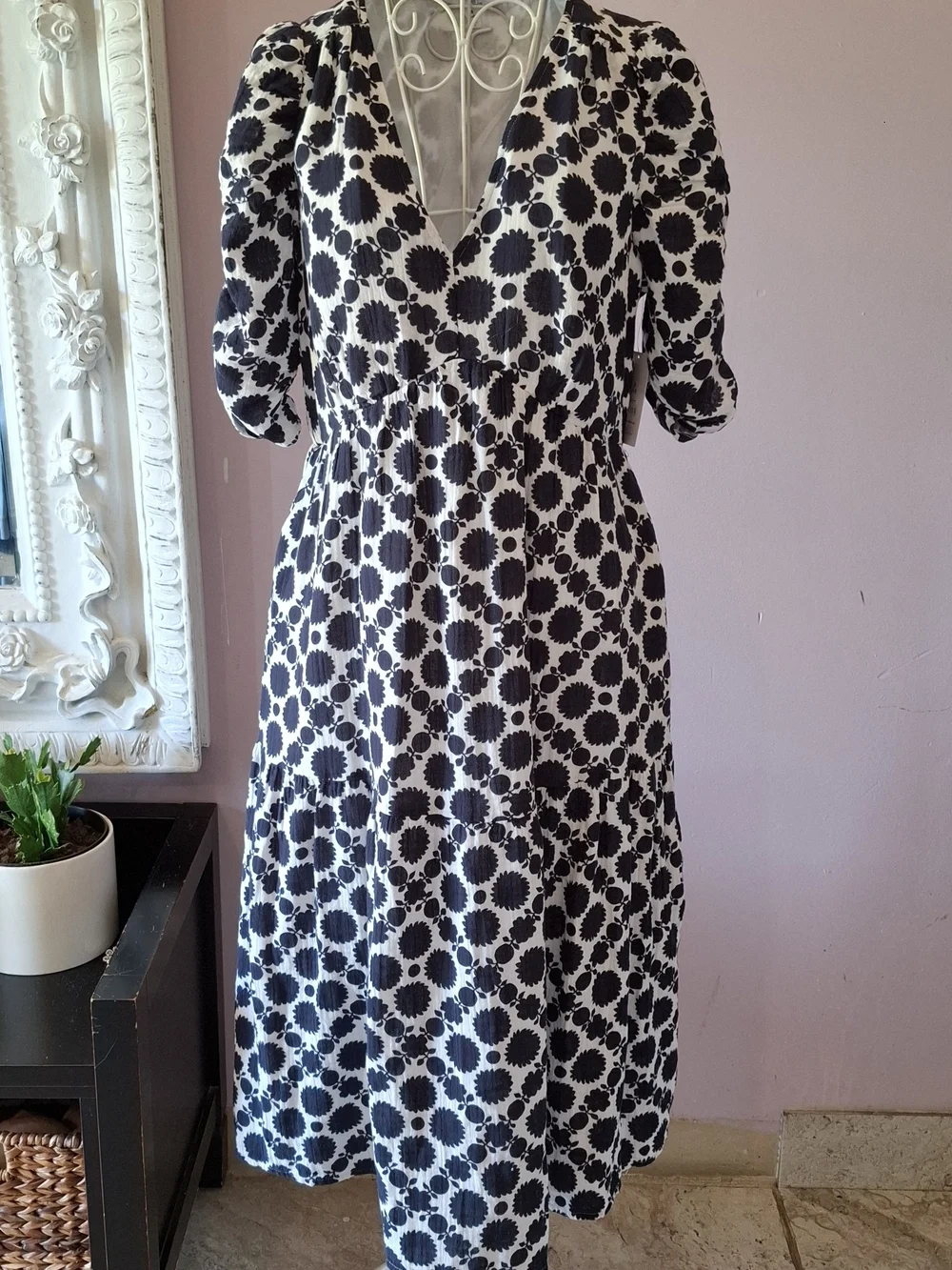Time and Tru Navy & White Printed Wrap Midi Dress